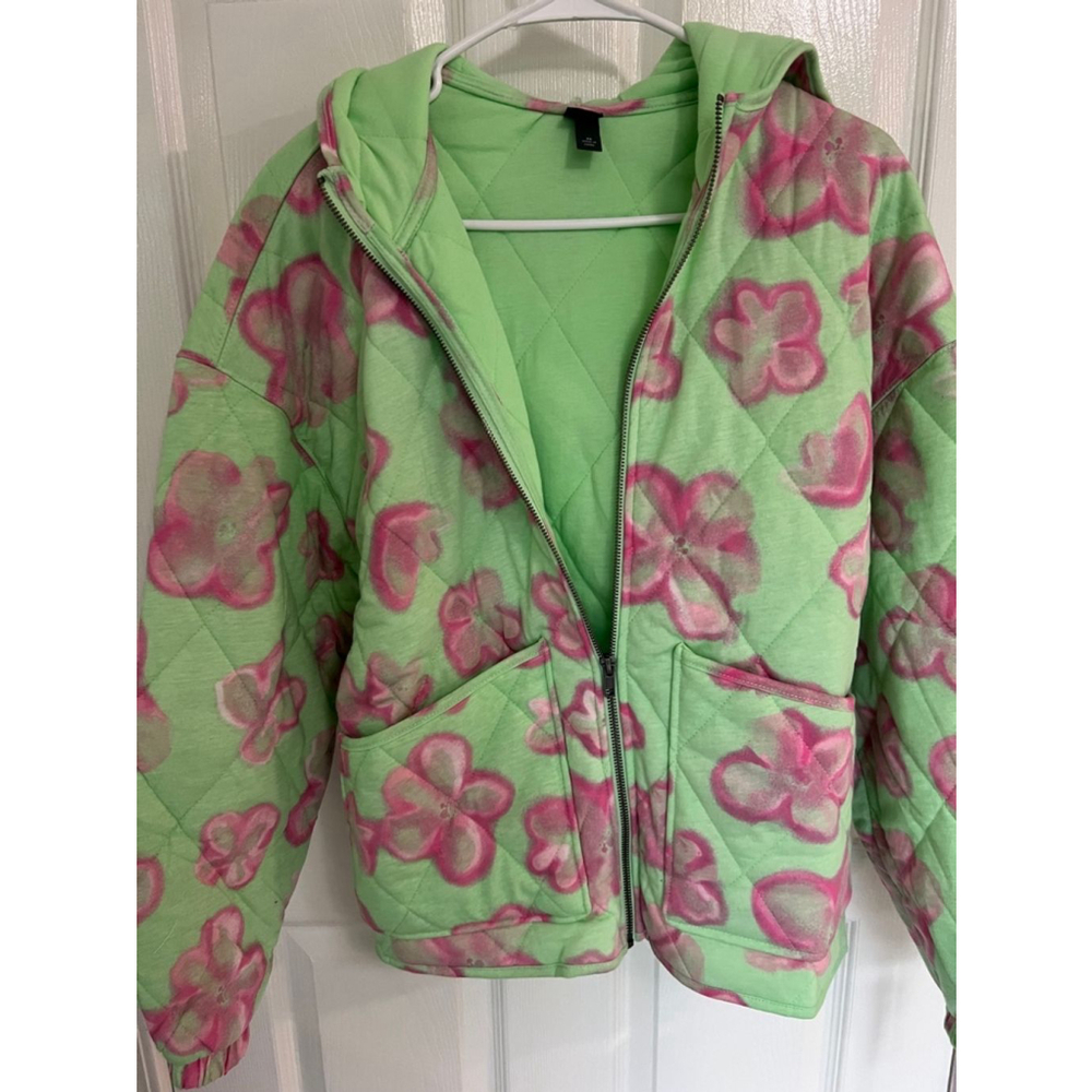 Unisex Wild Fable Green and Pink Floral Bomber Jacket Size xs, small 2X(XXL) NWT - Picture 3 of 9